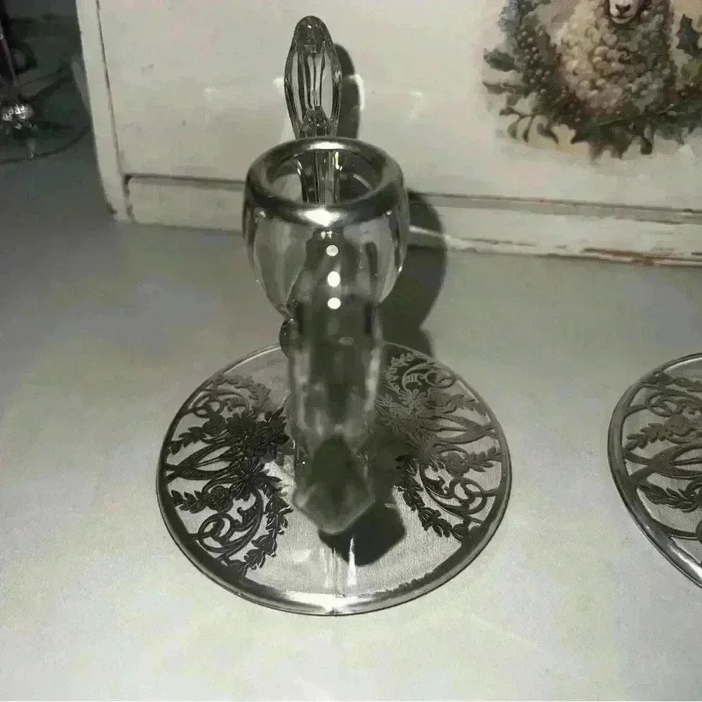 Vintage elegant art deco silver overlay glass candle holders